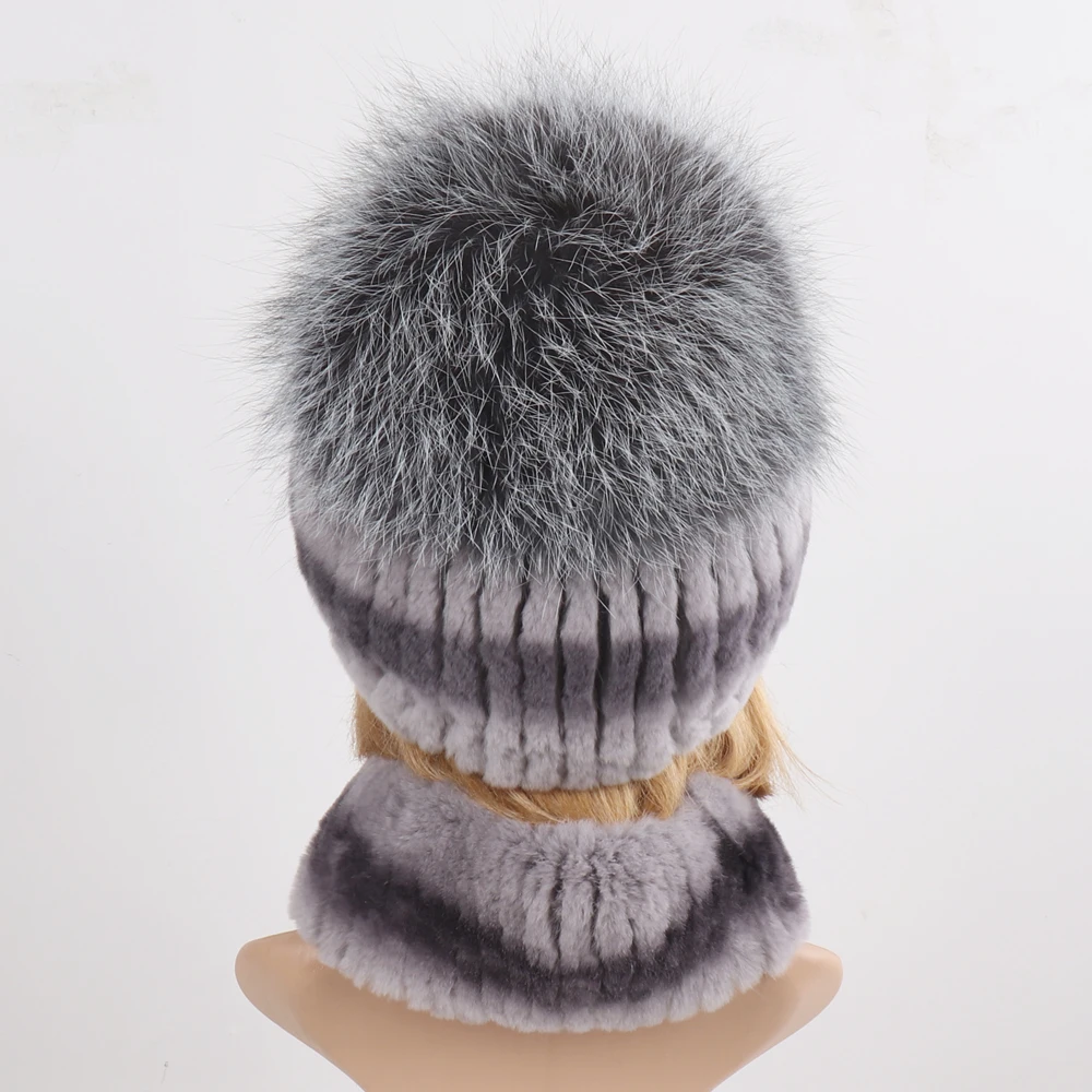 Women's Winter Warm Genuine Fur Hat Scarf Set Real Rex Rabbit Fur Cap with Silver Fox Scarves 2-Piece Natural Fashion Accessory