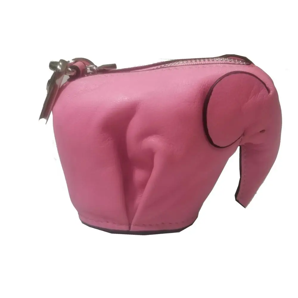 Genuine Leather Handmade Elephant Coin Purse Customized Animal Cute Girl\'s Cartoon Mini Women Shaped Bag Wallet Name Logo -Pink