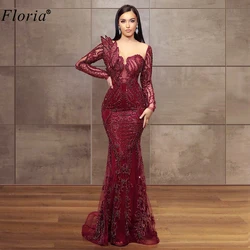 Formal Burgundy Evening Dresses Long Sleeves Beading Evening Gowns Elegant Prom Party Dresses Arabic Gowns Vestidos De Fiesta