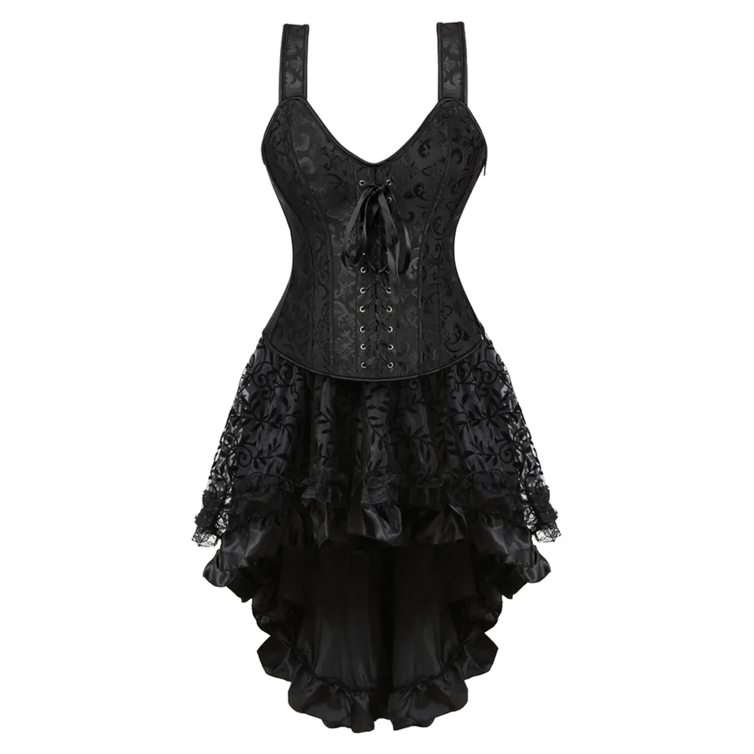 

Black Corset Dresses for Women Straps Overbust Bustiers and Corsets With Steampunk Skirts Burlesque Gothic Clothing Plus Size 6X