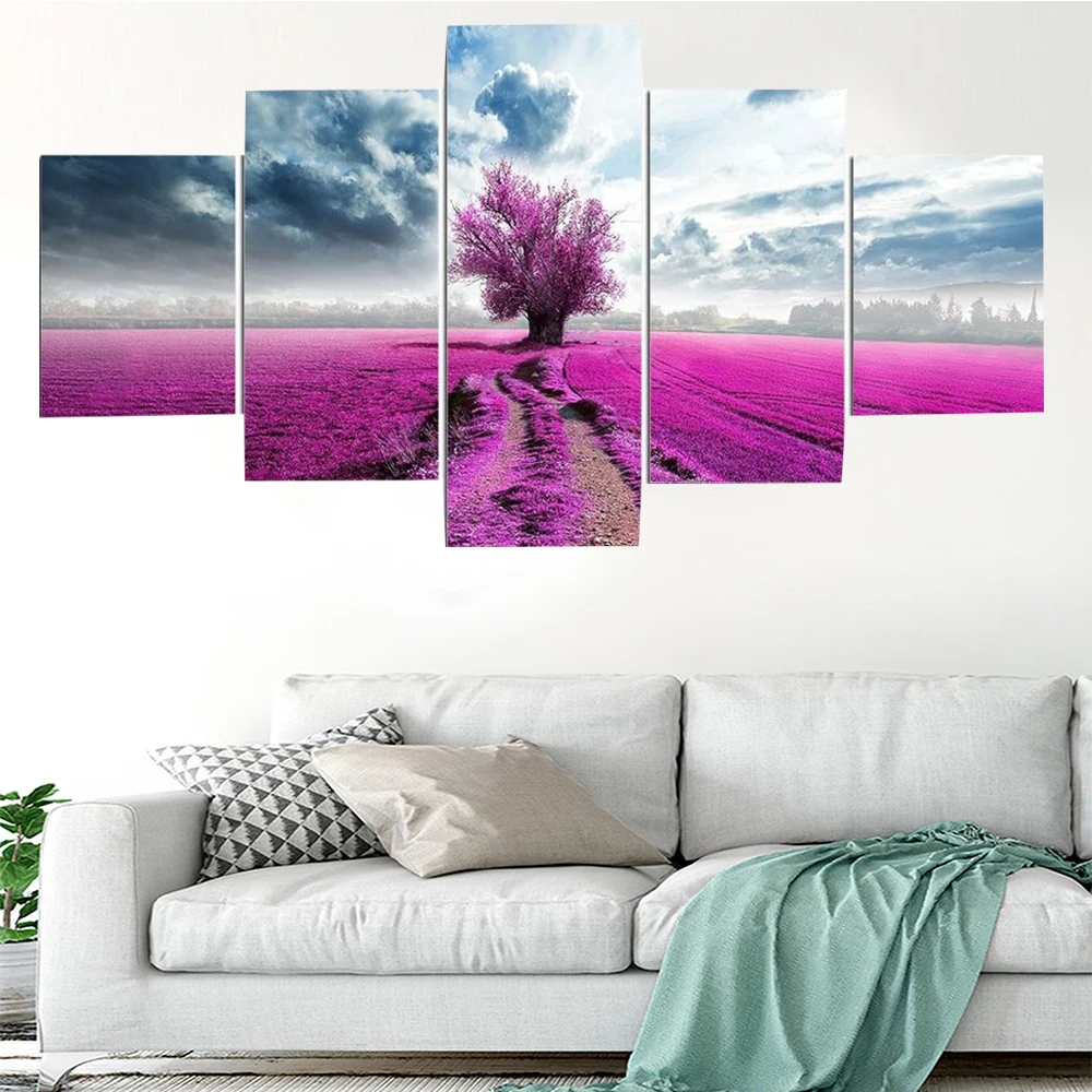 5 Piece Wall Art Canvas Painting Springfield Nature Scenery Poster Purple Flowers Home Picture Modern Living Room Decoration