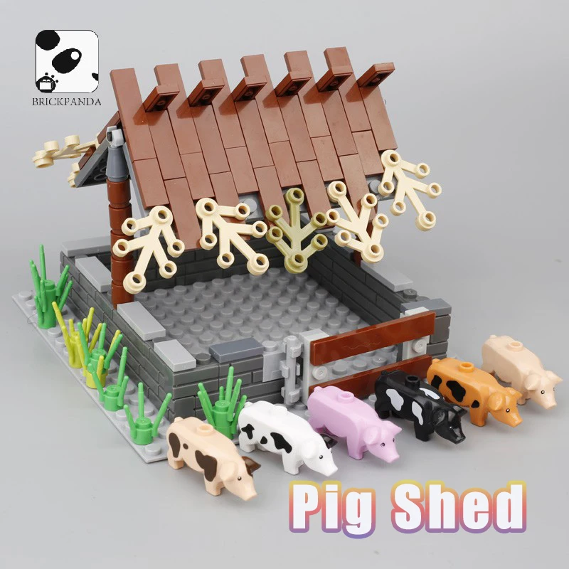 Stadt Schwein Schuppen Bauernhof Anbau Bausteine Schweine Tiere Holz Pigsty Zubehör Pigpen Kreative Minikit Ziegel Spielzeug Für KINDER