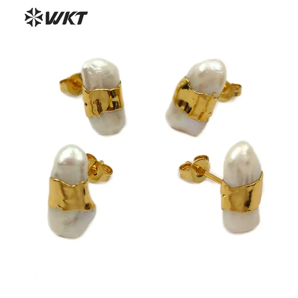WT-E569 Natural Freshwater Pearl Stud  Earring With Gold Electroplated Raw Sea Shell Jewelry For Woman Elegant Style