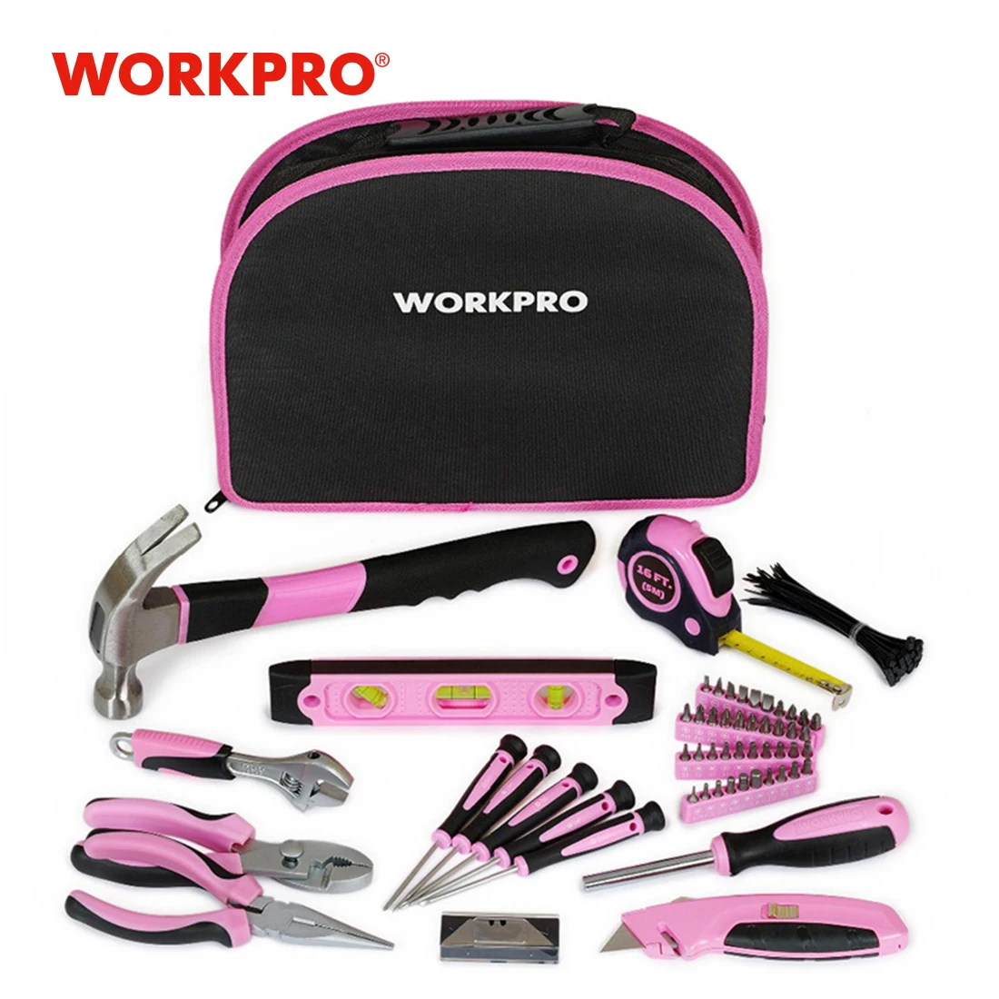 WORKPRO 103 PCS Pink Tool Set Ladies Hand Tool Set with Easy Carrying Pouch Home Tool Set for DIY Home Maintenance