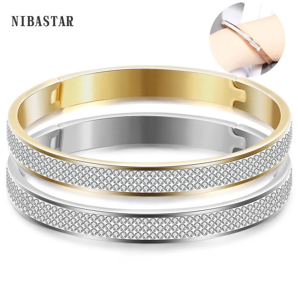 Luxury Famous Brand Jewelry Pulseira Gold Color Stainless Steel Bracelets & Bangles Female 3 Row Crystal Bracelet For Women