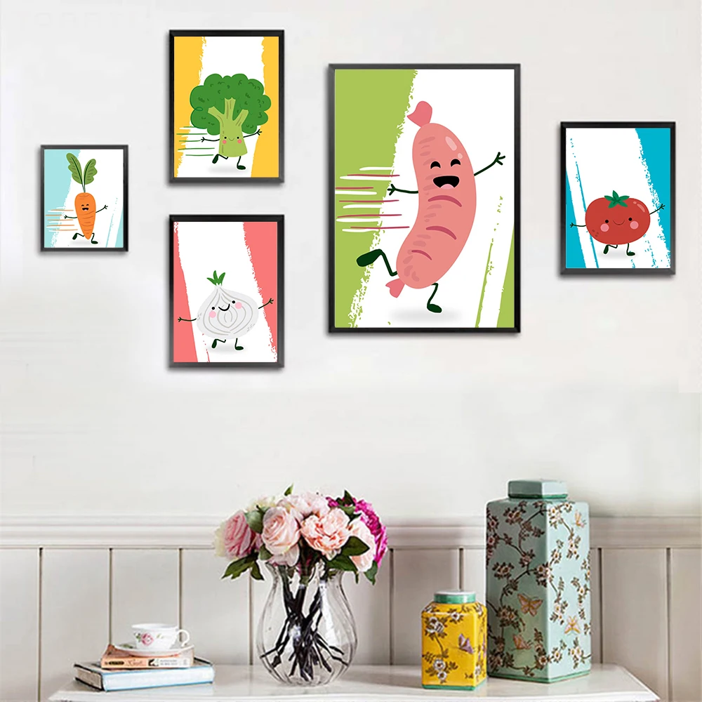 Funny Watercolor Vegetable Posters Prints Onion Tarrot Broccoli Sausage Tomato Canvas Painting Cute Kitchen Wall Pictures Decor