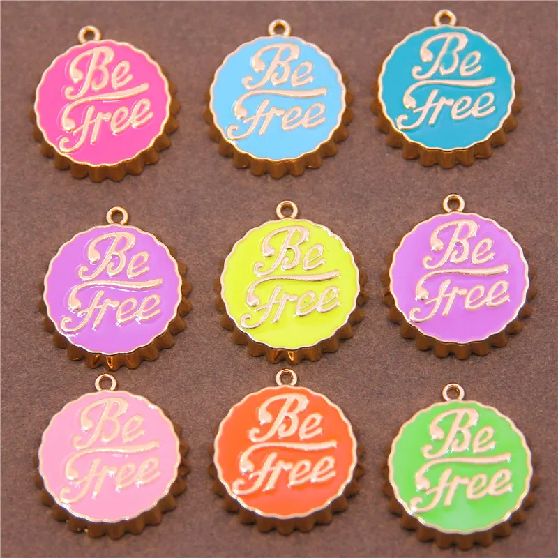 6Pcs Dainty Enamel Letter Be Free Round Bottle Cap Shape Pendant/Charm, Daint Medallion Charm, Necklace Bracelet Charm Accessori