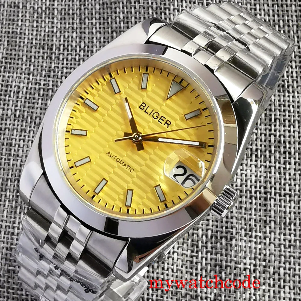 

36mm/39mm Bliger Yellow textured Luminous Dial New 24 Jewels NH35A Automatic Mens Watch Sapphire Crystal Jubilee Strap