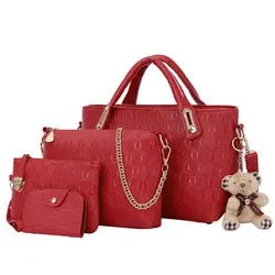 4Pcs/Set Elegant Ladies Bear Pendant Handbag Shoulder Bag Girls Fashionable PU Leather Casual Messenger Tote Bag