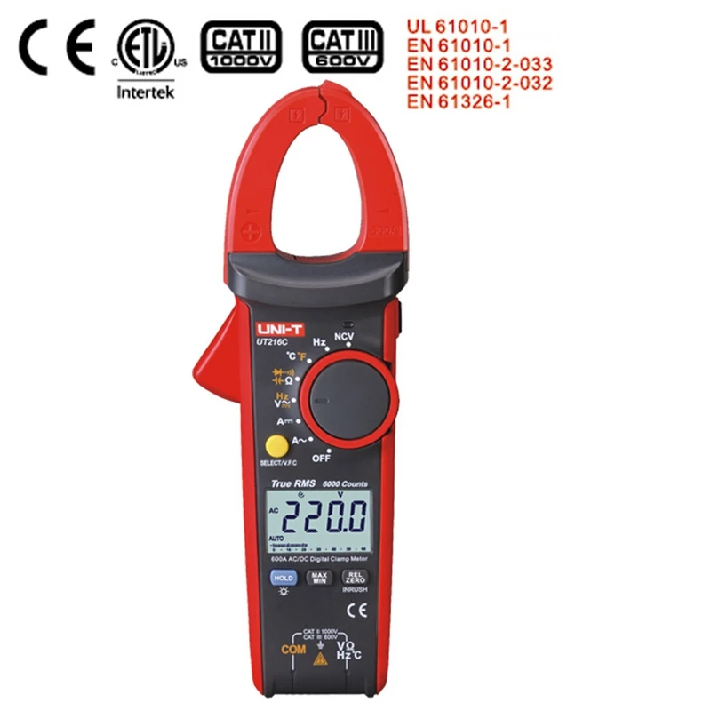 

UNI-T UT216C/UT216D Digital Current Clamp True RMS 600A Digital Clamp Meter NCV/VFC Frequency Capacitance Temperature Tester