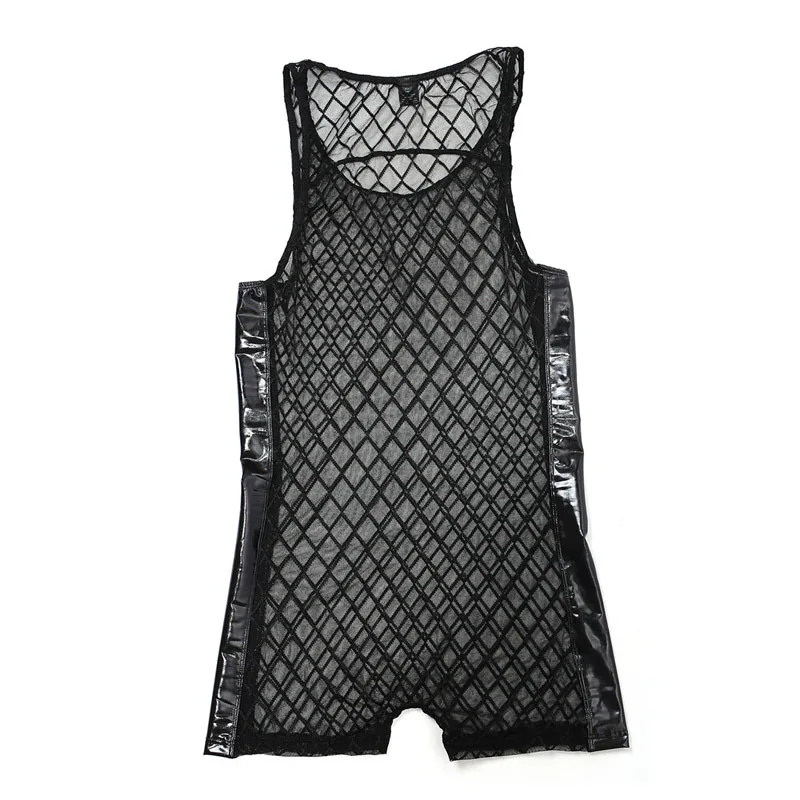 Mens Undershirts Mens Bodysuit  Plaid Transparent Breathable Mesh O Neck Shirts Gay Male Exotic Tshirt Club Sleepwear Undershirt