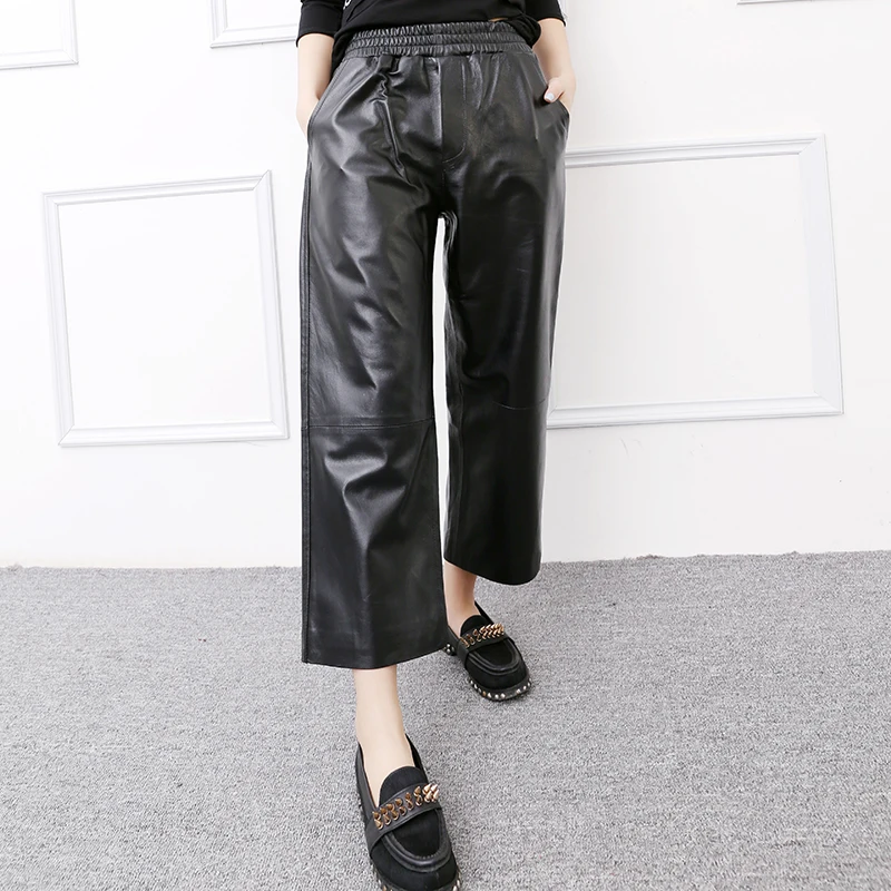 

Europe style wome's spring autumn genuine leather wide-leg pant hot fahion high quality real leather sheepskin ninth pant A589