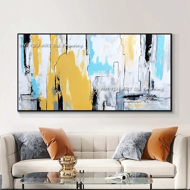 

The Sales Yellow Blue White Gray Abstract Handpainted Painting Large Modern Original Oil Painting Art Contemporary Design Canvas