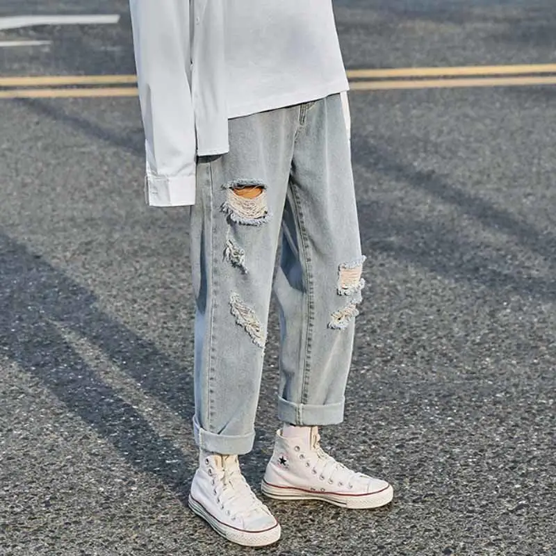 Men Jeans Summer Straight Wide-leg Thin Hole Ripped Oversize 3XL Loose Leisure Washed Denim Trousers All-match Fashion Korean