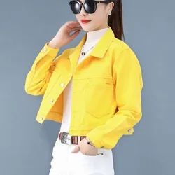 Jeans Jacket and Coats for Women 2021 Autumn Casual Short Denim Jacket Pink Yellow Pockets Lady Denim Coat Outerwear Clothes