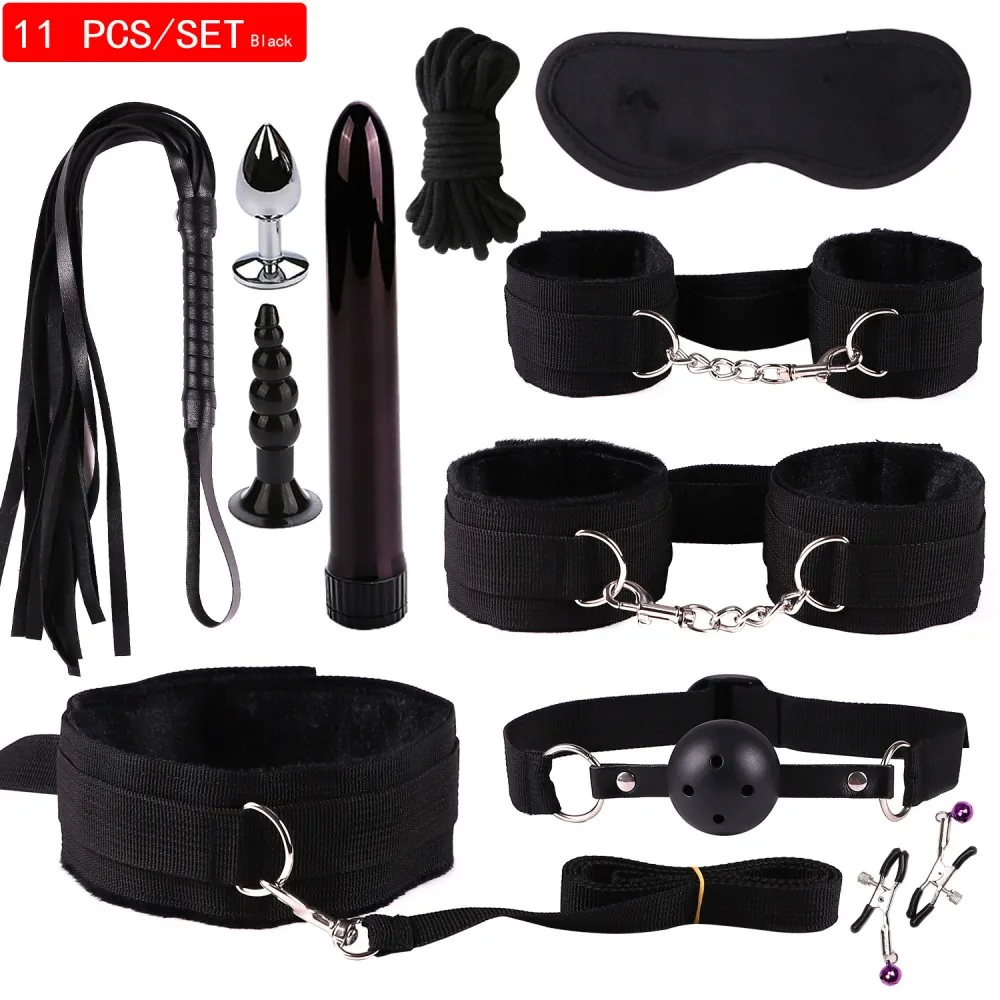 Sexy nylon BDSM Kits Plush Sex Bondage Set Handcuffs Sex Games Whip Gag Nipple Clamps Sex Toys For Couples Exotic Accessories