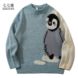 Mens Cartoon Penguin Knitted Sweater Streetwear Harajuku Vintage Jumpers Pullover Women Autumn Cotton College Sweaters Unisex