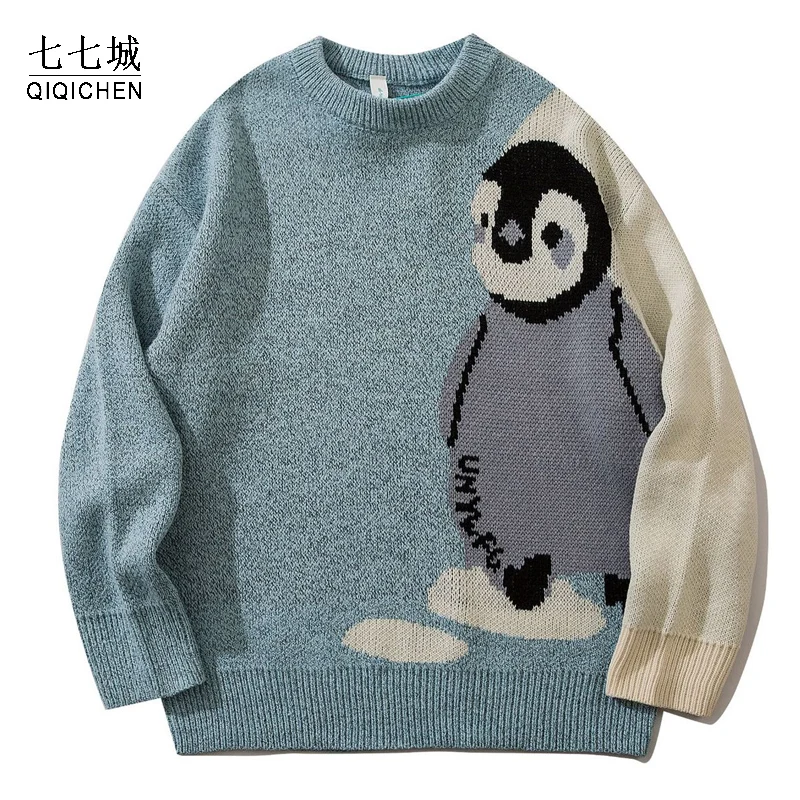 Mens Cartoon Penguin Knitted Sweater Streetwear Harajuku Vintage Jumpers Pullover Women Autumn Cotton College Sweaters Unisex