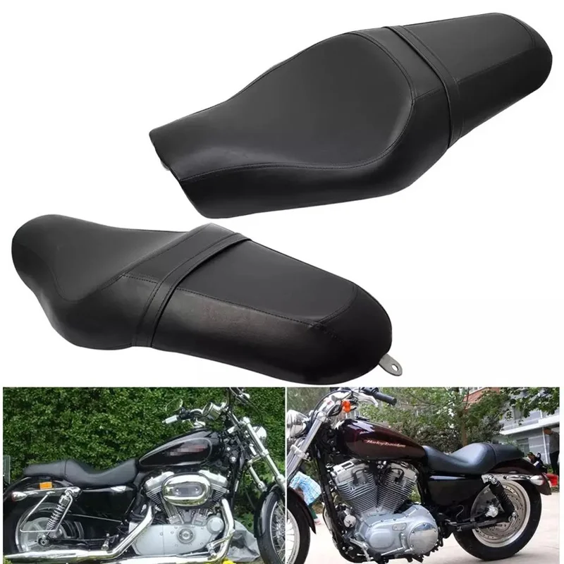 Black Leather Double Cushion Driver Passenger Seat For Harley Sportster Iron XL 883 1200 XL883 XL1200 XR1200 X48 X72