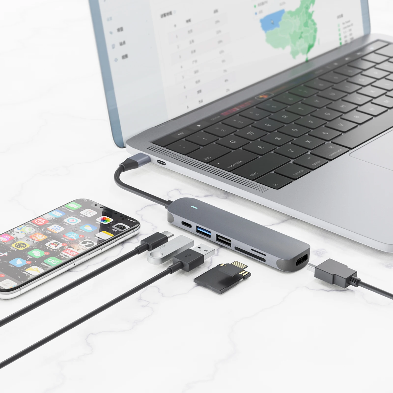 HUO JI USB C 허브 유형 C-HDMI 호환 USB 3.0 어댑터 6 in 1 Type C 허브 도크 MacBook Pro Air USB C 스플리터