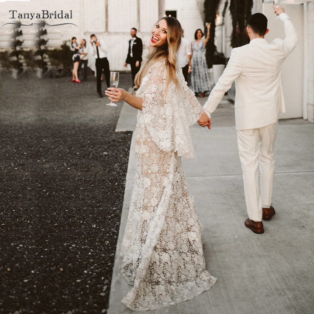 الدانتيل حورية البحر فساتين الزفاف العميق الخامس الرقبة فساتين زفاف أنيقة انفصال كيب الشمبانيا بطانة Noivas DW446