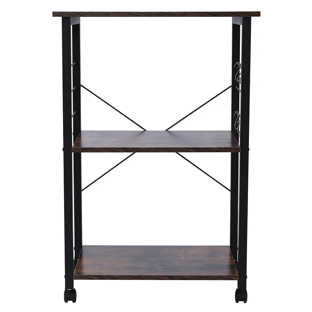 Kitchen Baker's Rack  Microwave Oven Stand Storage Cart  Printer Stand 3-Tier Serving Cart with Metal Frame and 6 Hooks