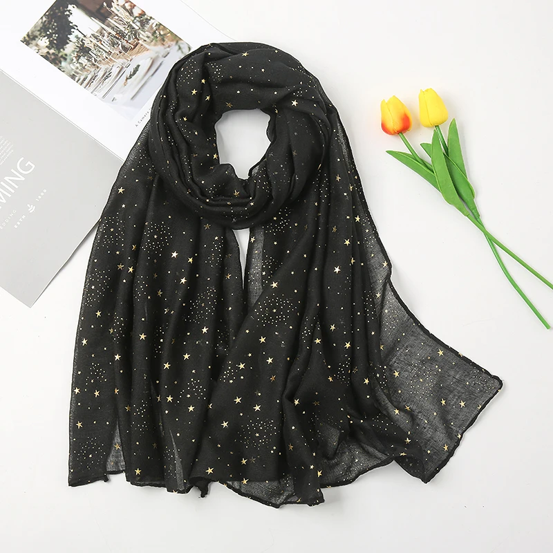 2021 Newest Glitter Cotton Scarf Women Luxury Muslim Fashion Hijab Golden Stars Women\'s Scarves Foulard Femme Musulman Bandana