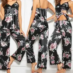 2Pcs Summer Sexy Pajama Sets Women Floral Print V-Neck Lace Vest Long Pants Sexy Sleepwear Women Night Gowns Women Pajama Sets