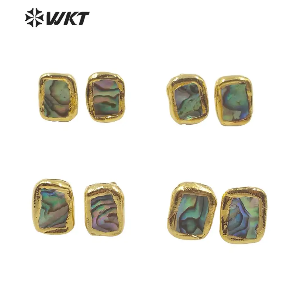 WT-E602 Natural abalone stud earring square abalone with gold trim fashion lady shell studs bohe style woman fashion studs