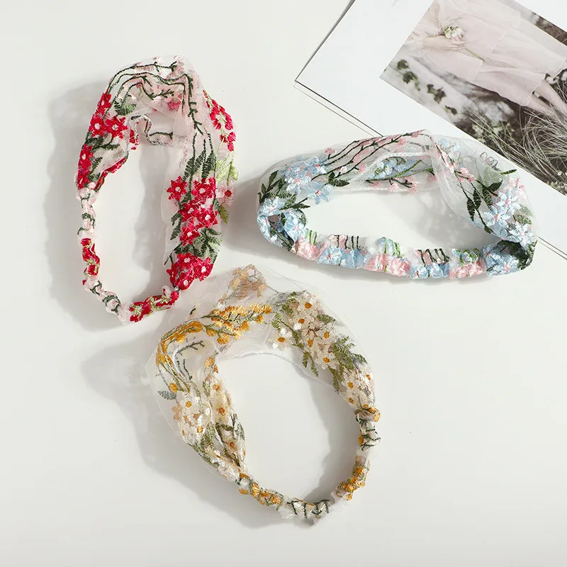 Fashion Exquisite and Simple Lace Wide-brimmed Flowers Women Elastic Knotted Headband Floral Wide Stretch Girls Hair Headdress