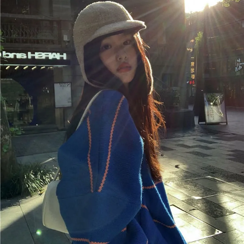 2021 New Arrival Korean Style Autumn Winter Women Loose Casual Long Sleeve O-neck Pullover Striped Cotton Knitted Sweater P320