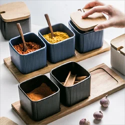 Square Vertical Ceramic Seasoning Jar Matte Color Glaze Salt Sugar Spice Jar (no tray, no spoon)
