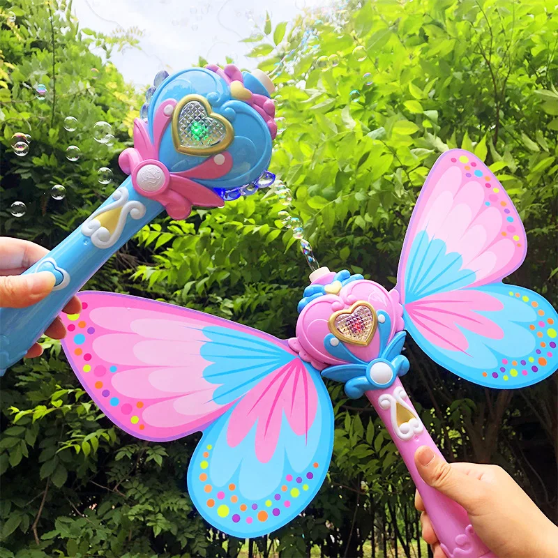 Electric Magic Wing Wand Automatic Soap Bubble Blowing Gun Blower Machine Light Music Funny Outdoor Kids Toys For Girls Gifts