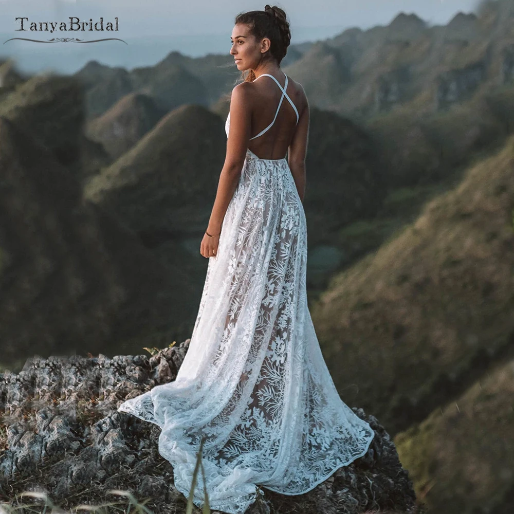 

A Line Lace Wedding Dresses Cross Back Unique Fashion Bohemian Wedding Gowns boho Noivas Chic DW365