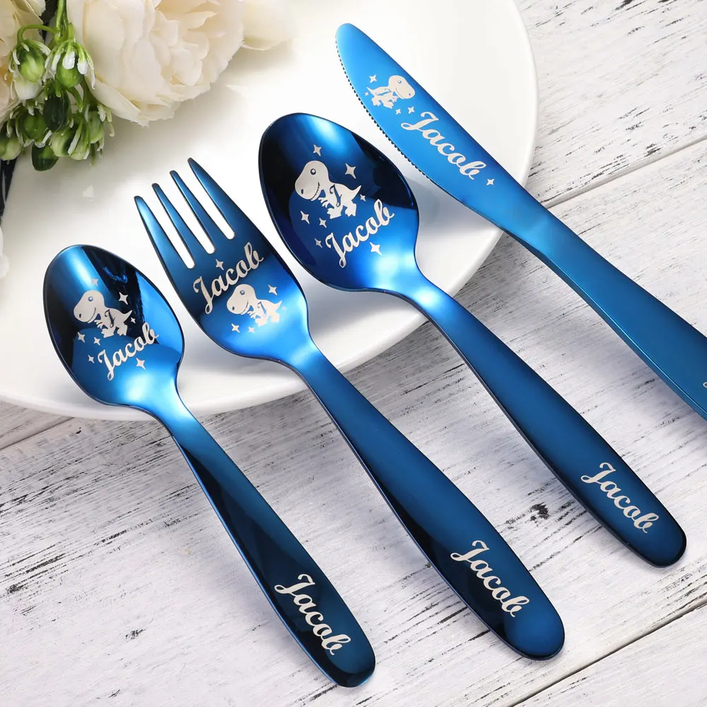 Uonney Dropshipping Personalized Seven Color Tableware Children's Engraved Name Pattern Knife Fork Spoon for Birthday Christmas