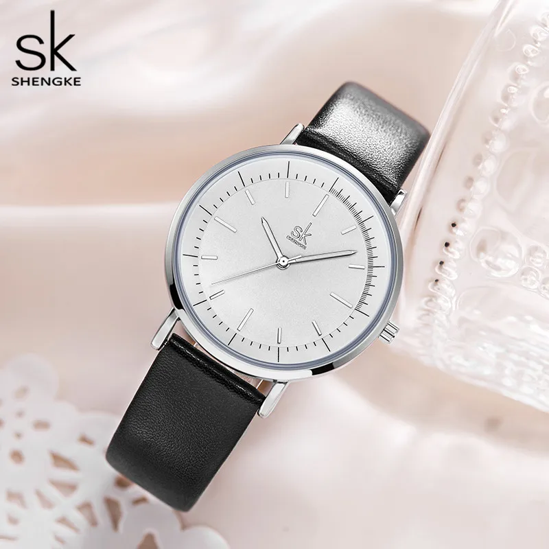 Shengke-Reloj de pulsera para hombre y mujer, cronógrafo sencillo de cuero, resistente al agua, para parejas