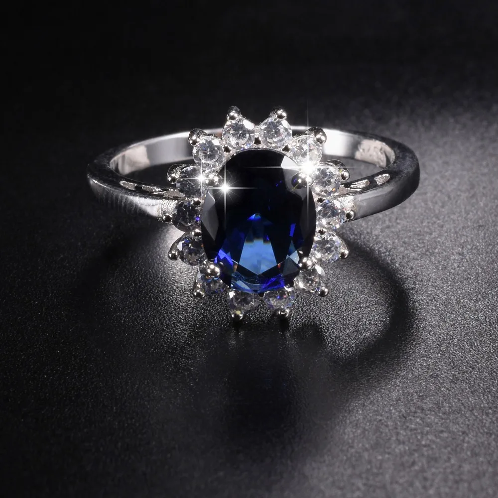 Size 5-10 Princess Diana William Kate Middleton's 3ct Created Blue Sapphire Engagement 925 Sterling Silver Ring for Women