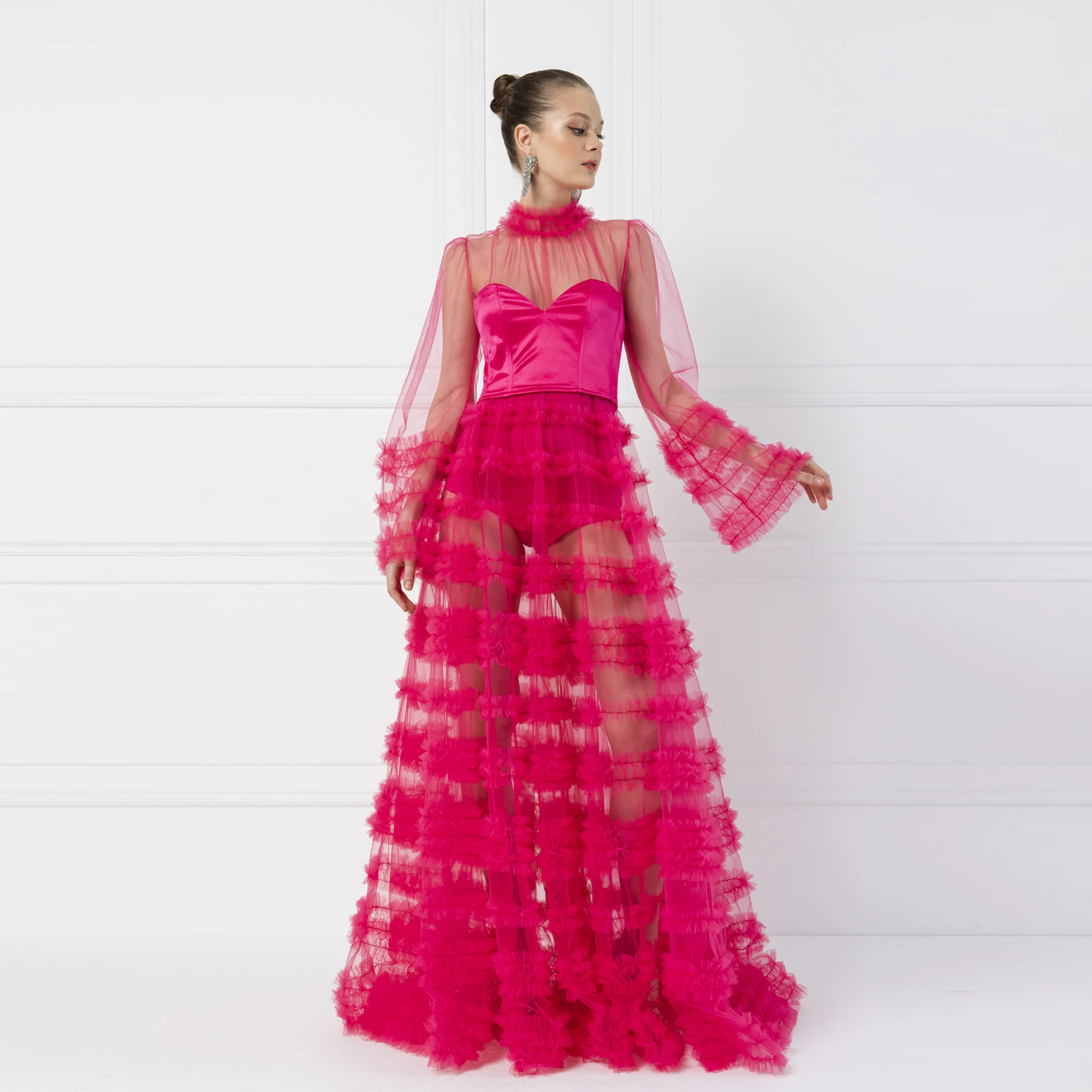 

High Fashion See Thru Hot Pink See Thru Tulle Women Outfit Full Sleeves Ruffles Tiered A-line Long Women Dresses Beach Gowns