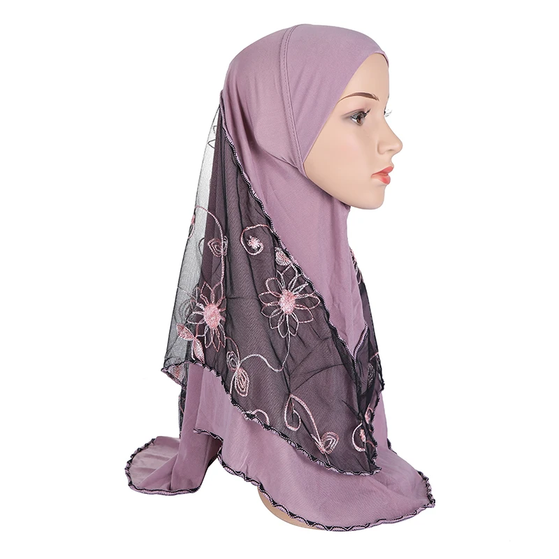 

Mesh Embroidery Muslim Women Instant Hijabs One Piece Amira Pull On Wear Scarf Prayer Full Cover Cap Headwrap Islamic Headscarf