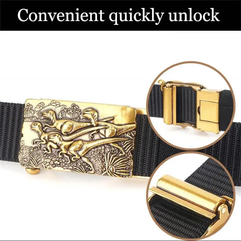 SupSindy Hommes Nylon Ceinture De Luxe Or Dinosaure Métal Boucle Automatique Toile Ceintures pour Hommes Jeans Ceinture Armée En Plein Air Mâle Sangle