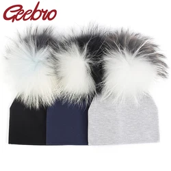 Geebro Newborn baby Solid Color Beanies hat Girls Boys Kids Soft Cute Cotton skully hats With triple color Fur Raccoon Pompom