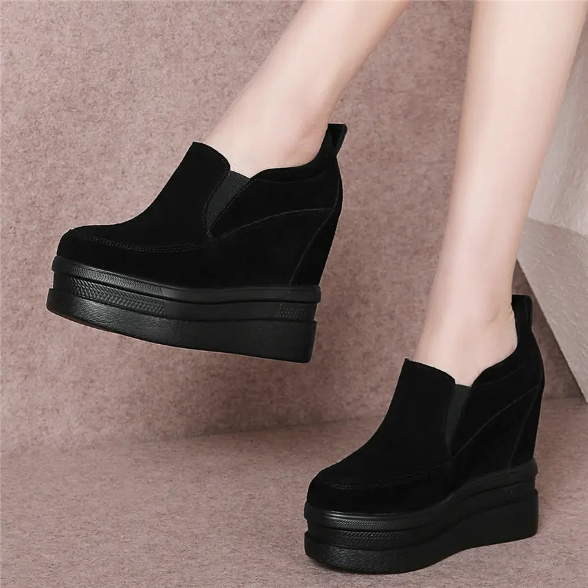 Sepatu Wedges hak tinggi wanita, sepatu kasual selop kulit asli, sepatu pump Platform ujung bulat, sepatu sneaker modis untuk wanita