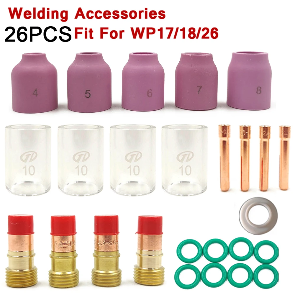 

26Pcs TIG Welding Torch Stubby Gas Lens For WP17 WP18 WP26 TIG 10 High Temperature Glass Cup Kit Durable Practical Accessories