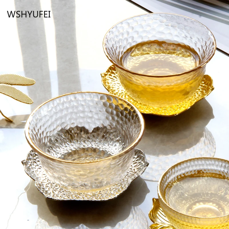 Simple and modern style tea set, smooth and delicate creative Chinese glass tea cup and bowl, afternoon tea set and metal plate