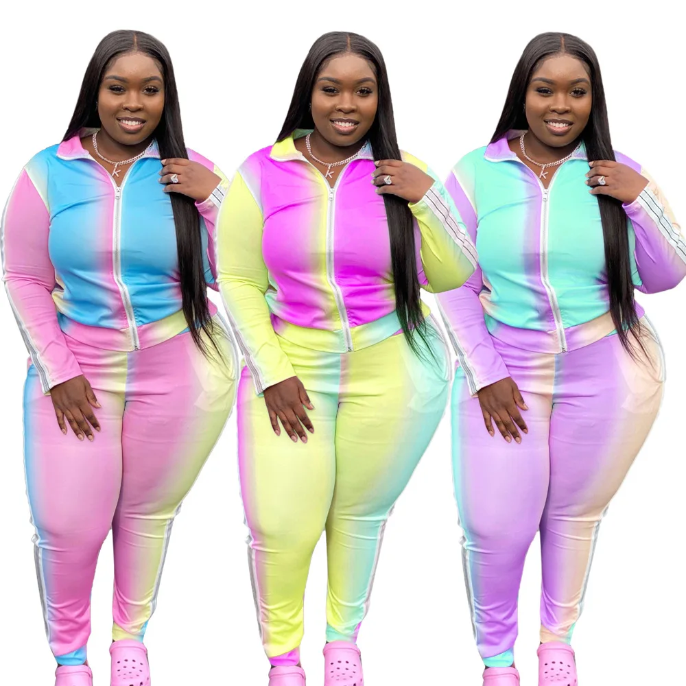 Plus Size Autumn Workout Two Piece Sets Women Colorful Gradient Print Long Sleeve Zippers Sweatpants Suit Outfit Sport Tracksuit