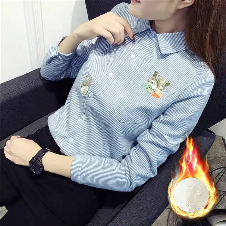 2024 neue Winter Frauen Dicke Fleece Shirt Weibliche Lange Hülse Streifen Stickerei Fleece Tops Casual Überprüfen Bluse Herbst Kleidung