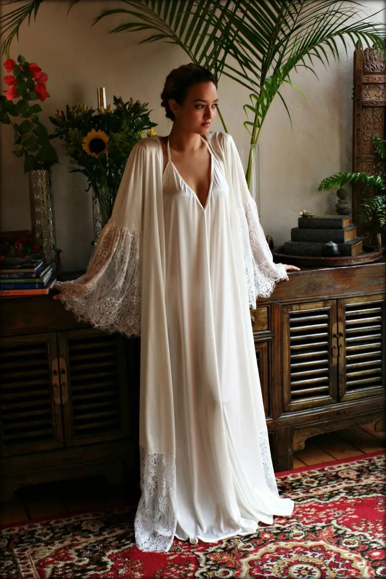 Two Pieces Bridal Robe Lace Trimmed Sleeve Wedding Sleepwear Bridal Lingerie Dressing Gown Kimono Robe Wedding Robe