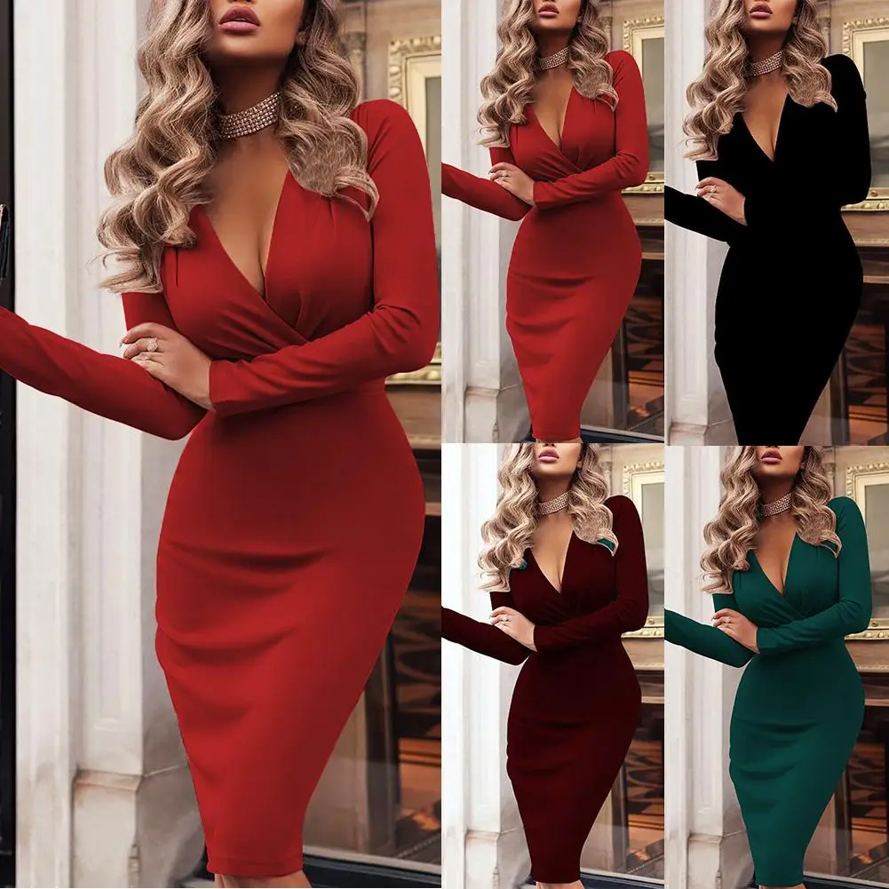 

Elegant Women Autumn Long Sleeve Deep V Neck Pleated Bodycon Knee-length Dress Casual Simple High Stretchy Package Dress