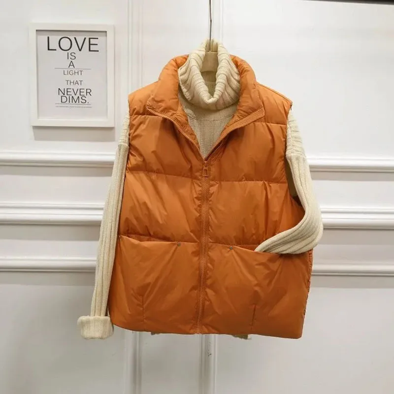 2023 New Winter Oversize Thin Duck Down Vest Women Jackets Fashion Pocket Waistcoat Autumn Puffer Jacket Loose Parkas