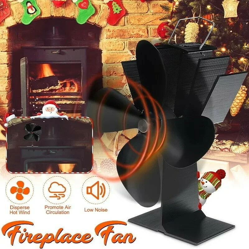 Ventilador de chimenea o estufa de 4 aspas para uso en el hogar, sistema de ventilación para quemador de madera, tranquilo, color negro, con